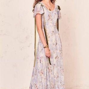 LoveShackFancy Queenie floral blue maxi silk dress